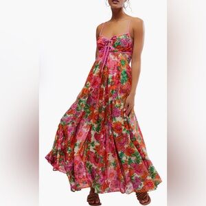 Free People Pink and Red Pleated Tiered Maxi Dress M